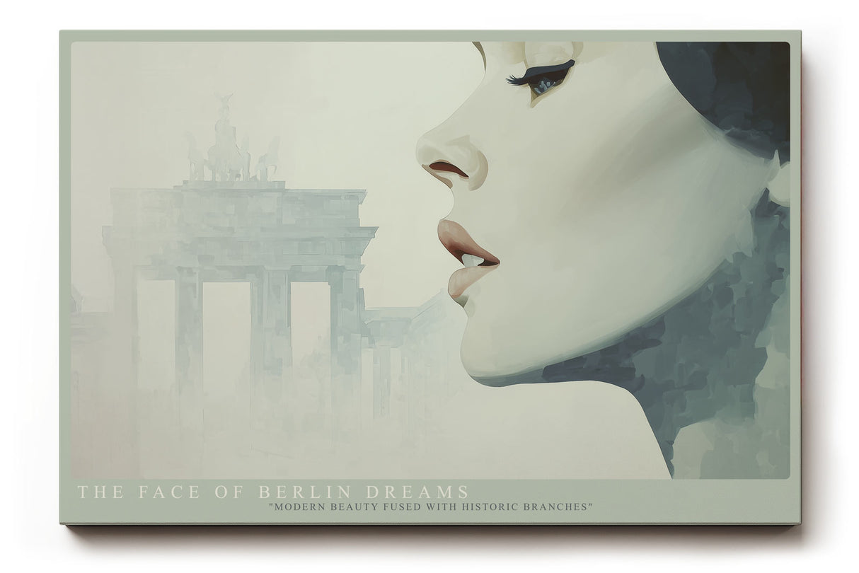 Paul Sinus Wandbild The Face of Berlin Dreams – Stilvolles Porträt einer Frau mit dem Brandenburger Tor im Hintergrund, Symbol für Moderne und Geschichte im Einklang