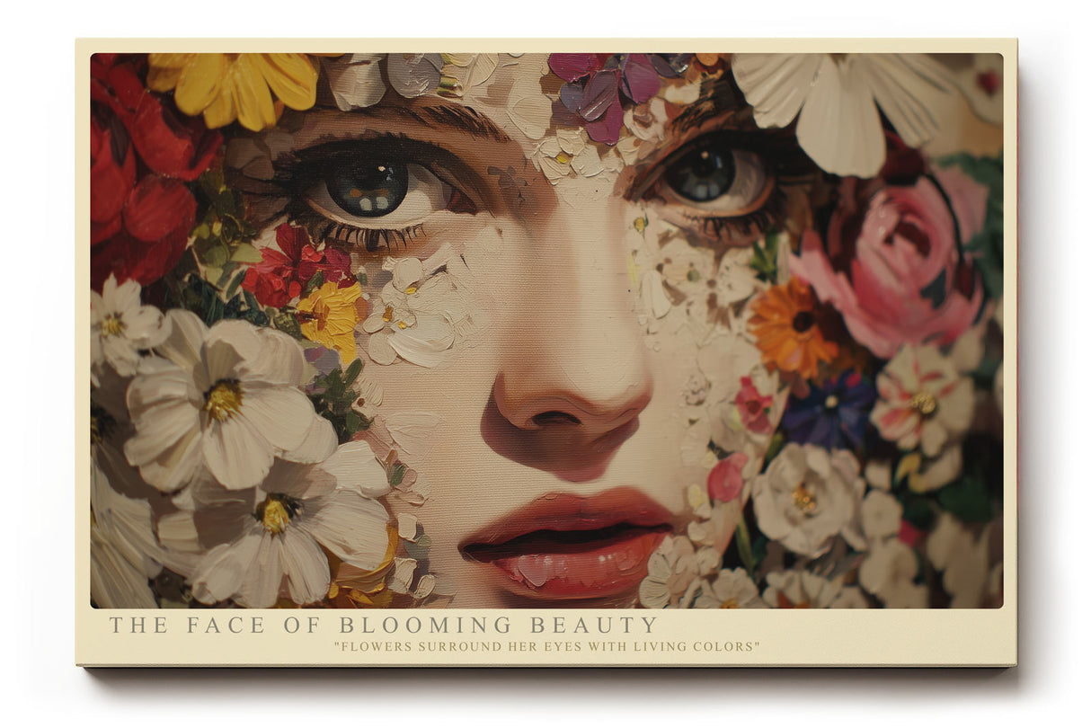 Paul Sinus Wandbild The Face of Blooming Beauty – Ausdrucksstarkes Porträt einer Frau, deren Gesicht von Blumen umrahmt wird, Symbol für Leben und Schönheit