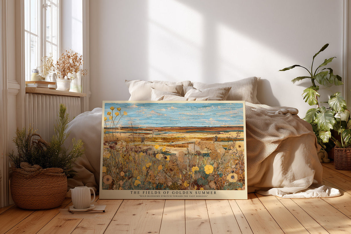 Paul Sinus Wandbild The Fields of Golden Summer impressionistisches Landschaftsmotiv mit Sommerblumen und weitem Horizont