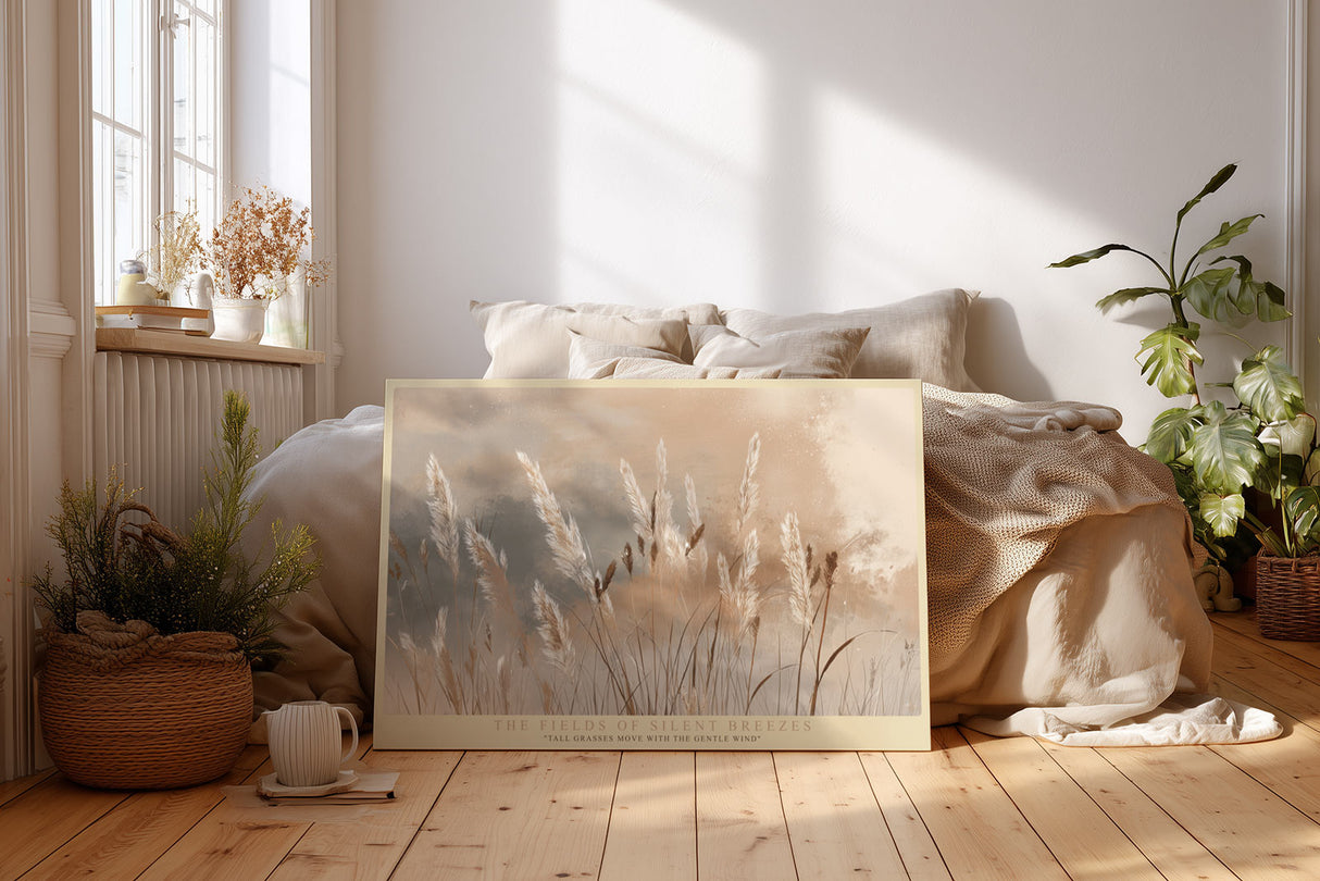 Paul Sinus Wandbild The Fields of Silent Breezes – Zarte Landschaft mit hohen Gräsern im Wind, sanfte Naturstimmung in warmen Erdtönen und Beige