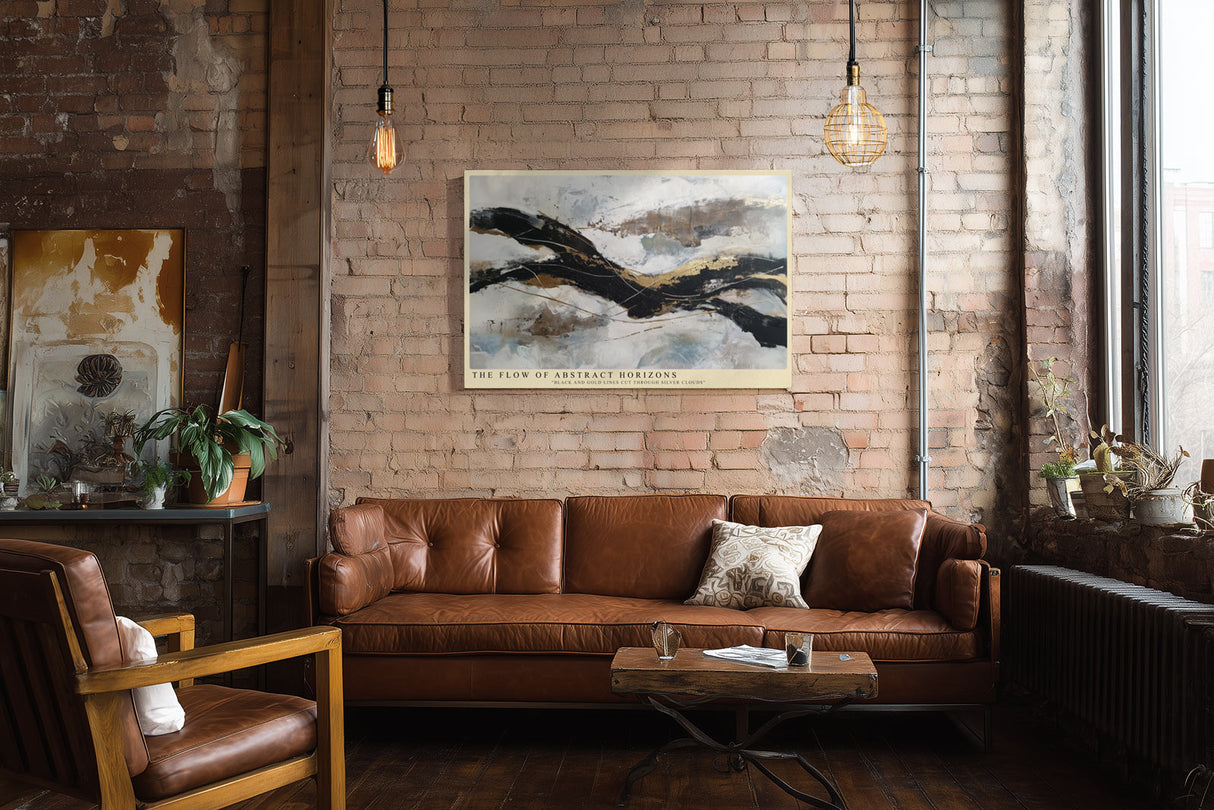Paul Sinus Wandbild The Flow of Abstract Horizons Black and Gold Lines Through Silver Clouds