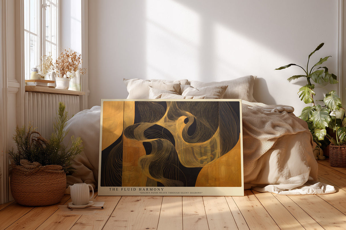 Paul Sinus Wandbild The Fluid Harmony – Abstrakte Linienkomposition in Gold und Schwarz, Symbol für Bewegung, Energie und Ausgeglichenheit