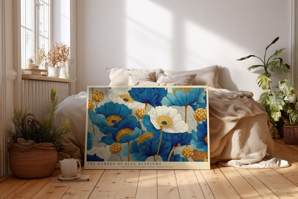 Paul Sinus Wandbild The Garden of Blue Blossoms florales Motiv mit blauen und weißen Blüten und goldenen Akzenten