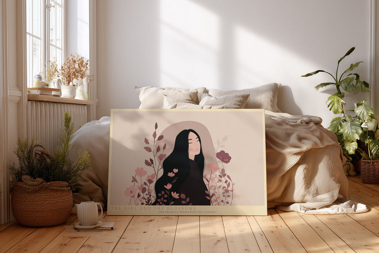 Paul Sinus Wandbild The Girl and the Blossoms stilvolles Porträt einer Frau mit floraler Umgebung in sanften Farben für moderne Räume mit natürlicher Eleganz