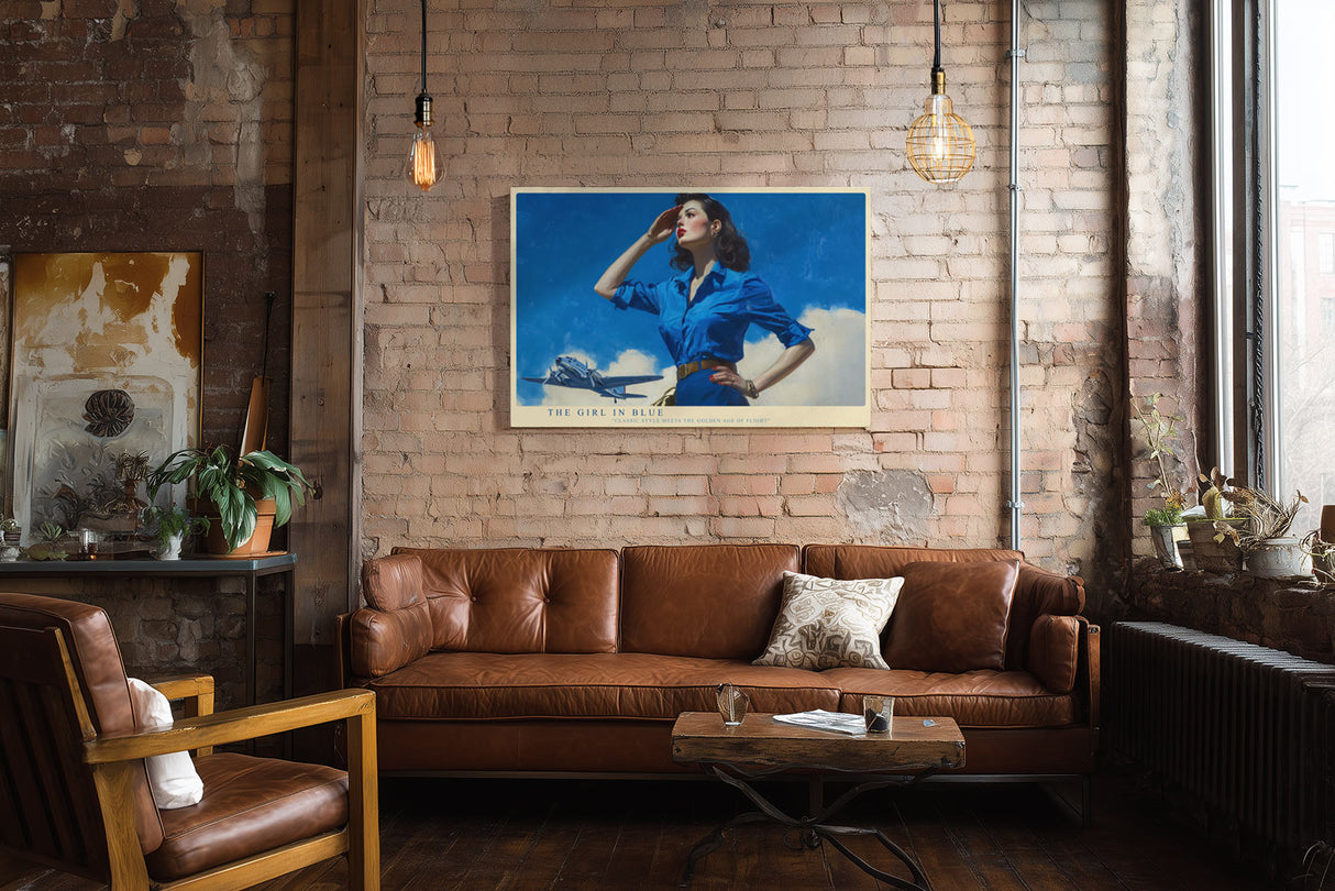Paul Sinus Wandbild The Girl in Blue Stilvolles Retro-Motiv einer Frau in blauem Hemd mit Flugzeug im Hintergrund – Hommage an die goldene Ära der Luftfahrt.