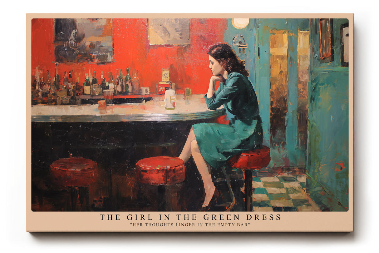 Paul Sinus Wandbild The Girl in the Green Dress – Frau in grünem Kleid an der Bar symbolisiert Einsamkeit, Nachdenken und stille Melancholie