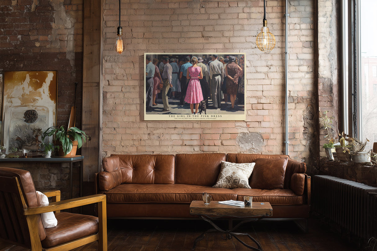 Paul Sinus Wandbild The Girl in the Pink Dress – Frau im rosa Kleid inmitten einer Menschenmenge symbolisiert Individualität und innere Freiheit