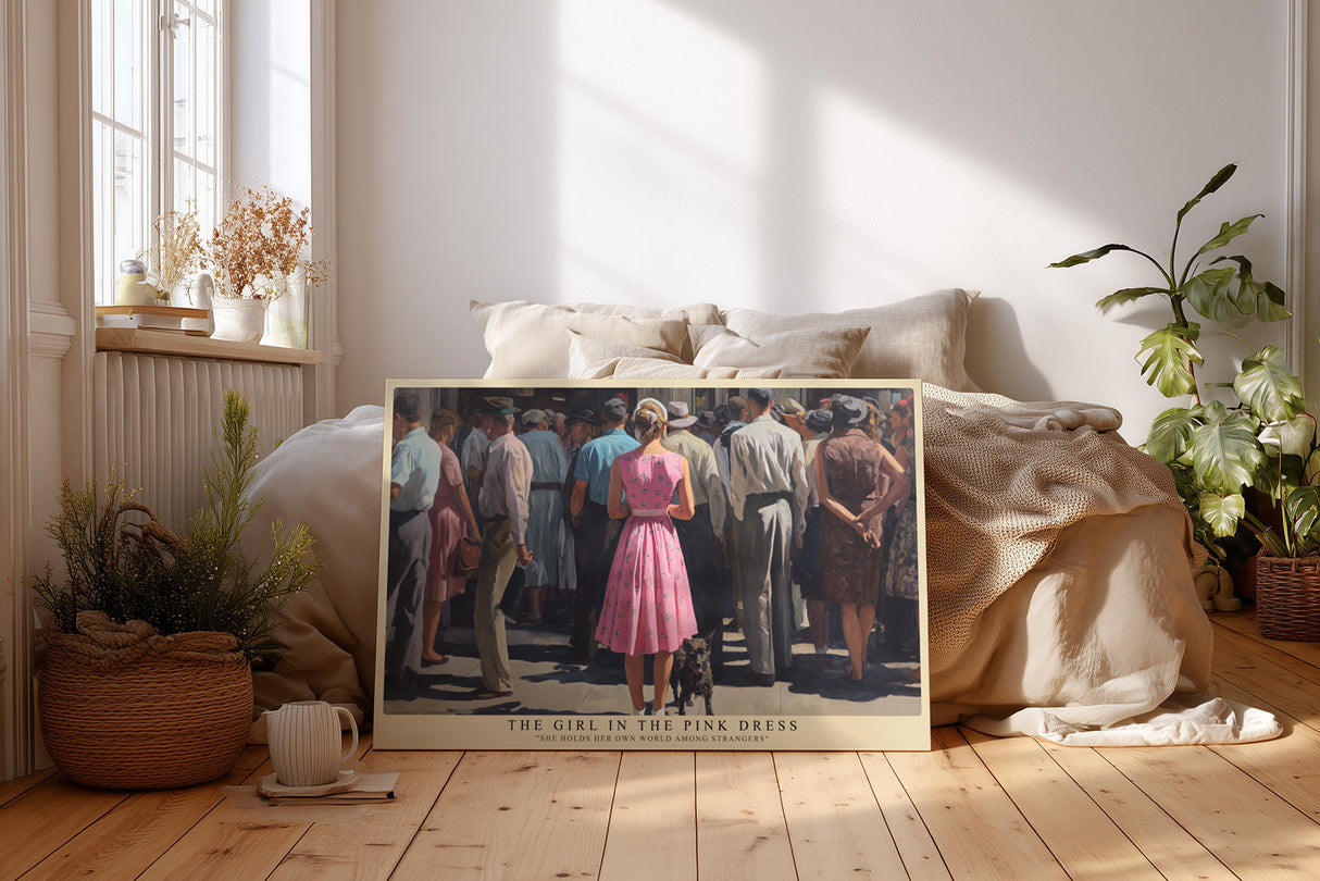 Paul Sinus Wandbild The Girl in the Pink Dress – Frau im rosa Kleid inmitten einer Menschenmenge symbolisiert Individualität und innere Freiheit