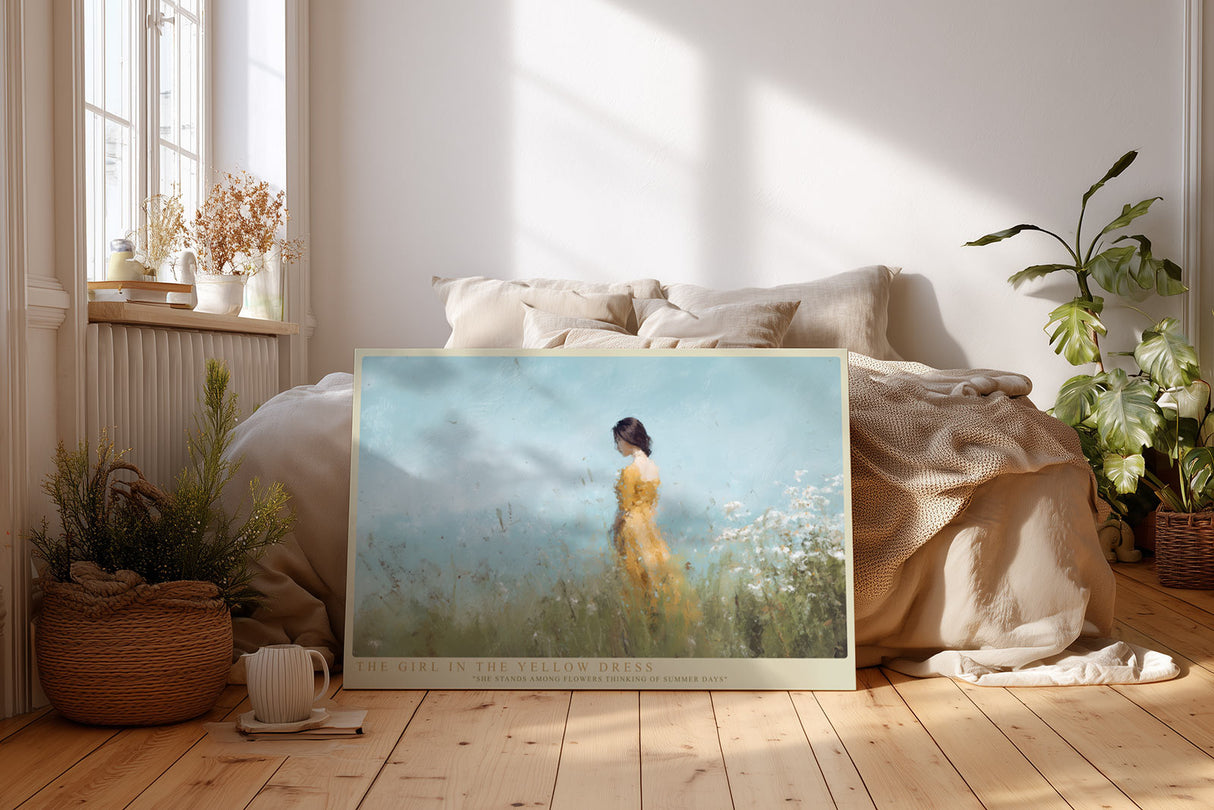 Paul Sinus Wandbild The Girl in the Yellow Dress Poetisches Gemälde einer Frau in gelbem Kleid inmitten von Sommerblumen unter klarem Himmel.