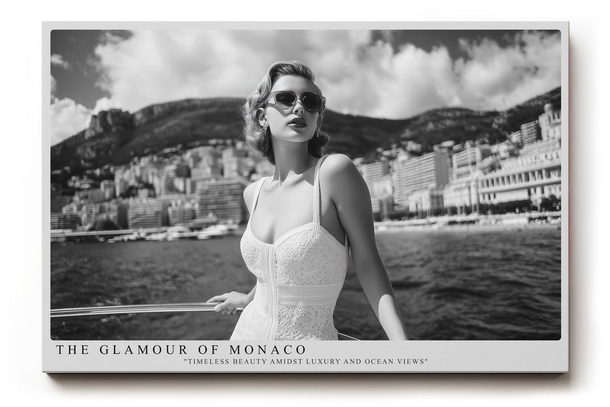 Paul Sinus Wandbild The Glamour of Monaco Klassisches Schwarz-Weiß-Motiv einer eleganten Frau auf einem Boot vor der Kulisse von Monaco.