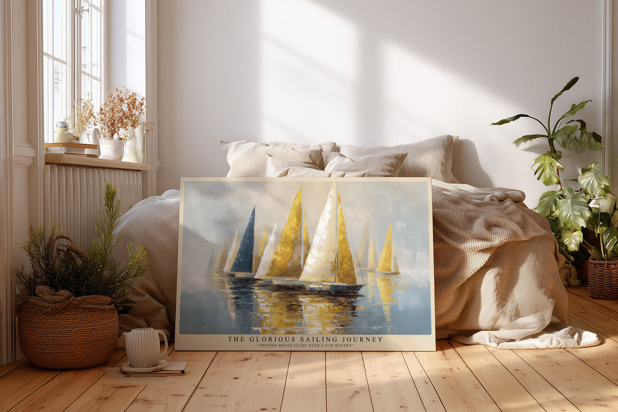 Paul Sinus Wandbild The Glorious Sailing Journey – goldene Segel auf ruhigem Wasser symbolisieren Freiheit, Leichtigkeit und Eleganz des Reisens