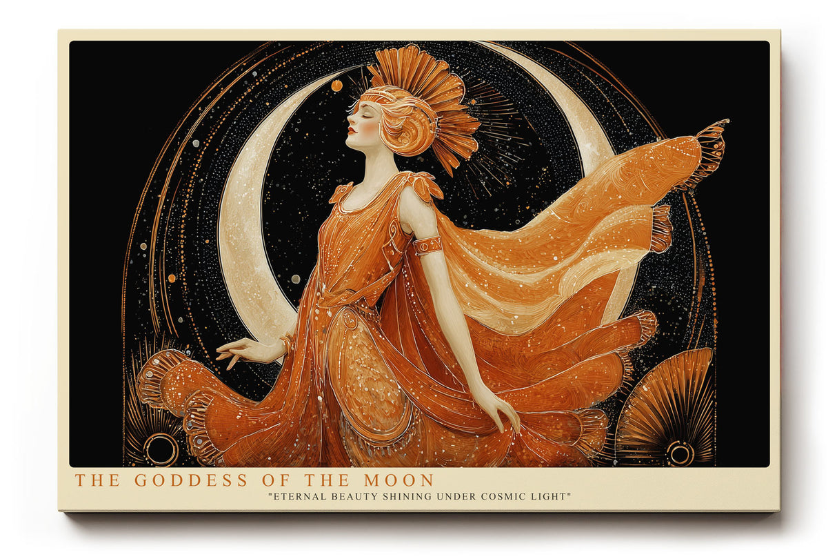 Paul Sinus Wandbild The Goddess of the Moon Kunstvolles Porträt einer mythischen Frauengestalt in Gold und Bronze, umgeben von Mondsicheln und kosmischem Glanz.