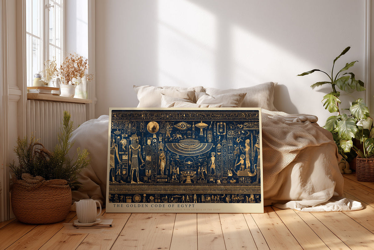 Paul Sinus Wandbild The Golden Code of Egypt ägyptisches Kunstmotiv mit goldenen Hieroglyphen auf tiefblauem Hintergrund