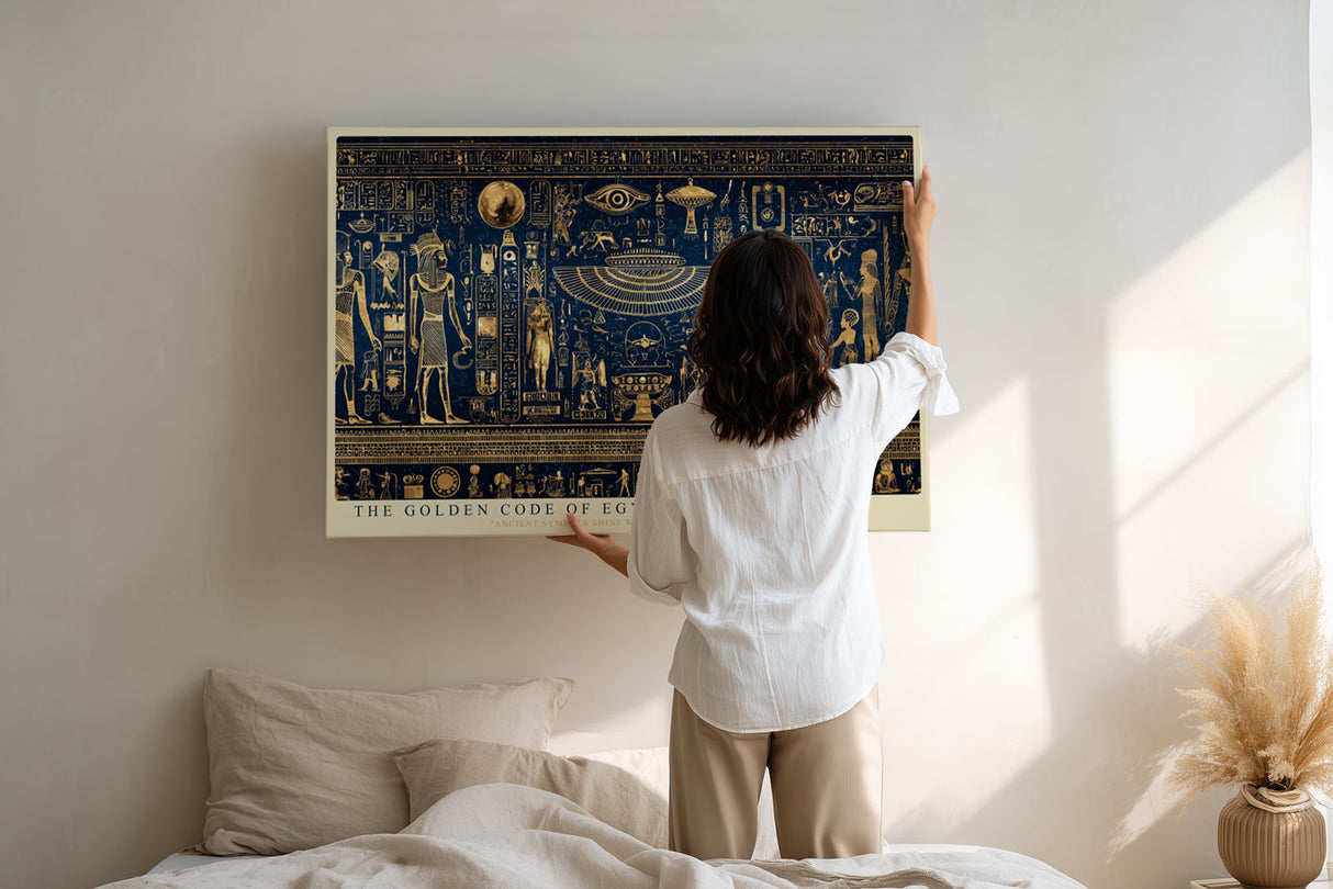Paul Sinus Wandbild The Golden Code of Egypt ägyptisches Kunstmotiv mit goldenen Hieroglyphen auf tiefblauem Hintergrund