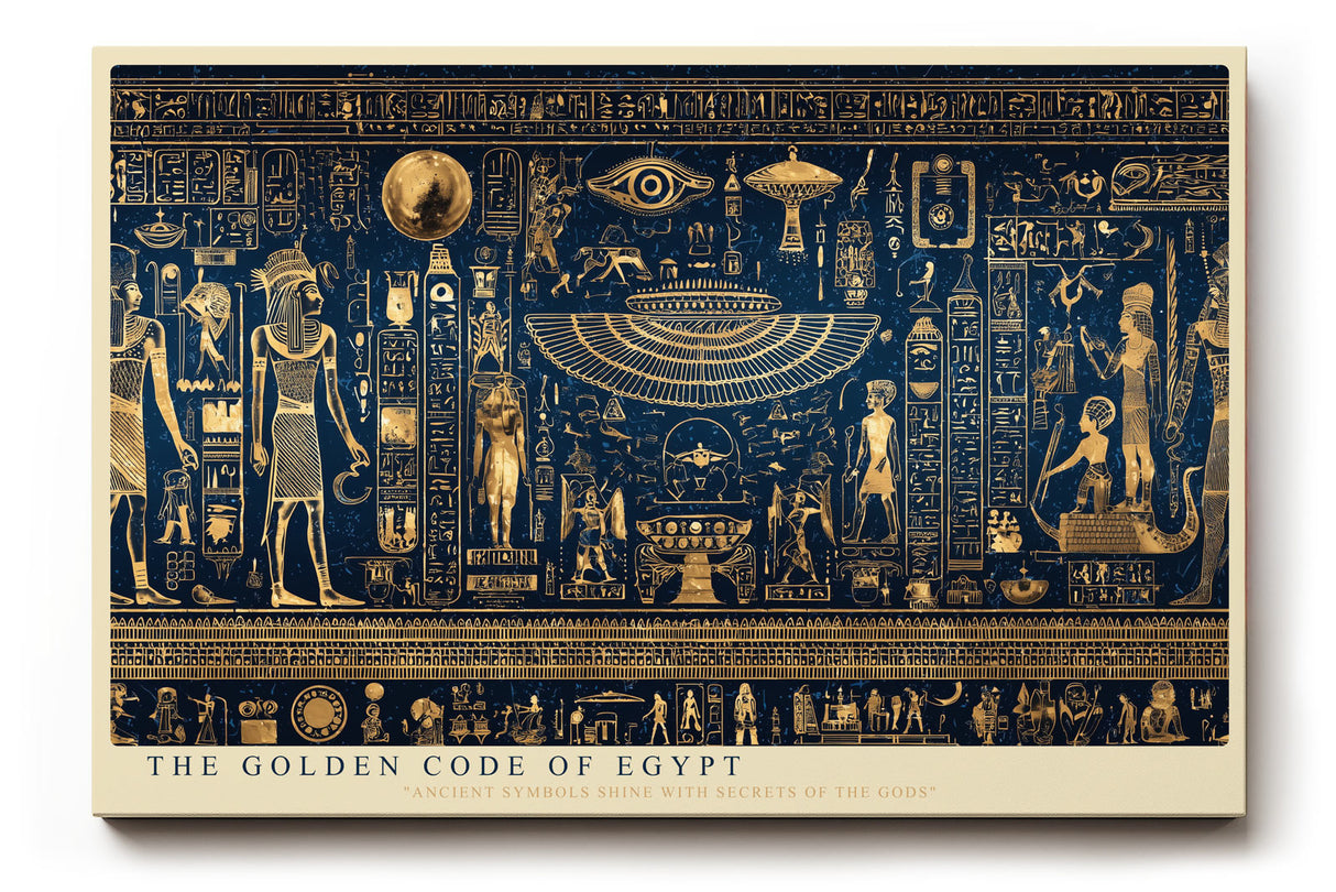 Paul Sinus Wandbild The Golden Code of Egypt ägyptisches Kunstmotiv mit goldenen Hieroglyphen auf tiefblauem Hintergrund