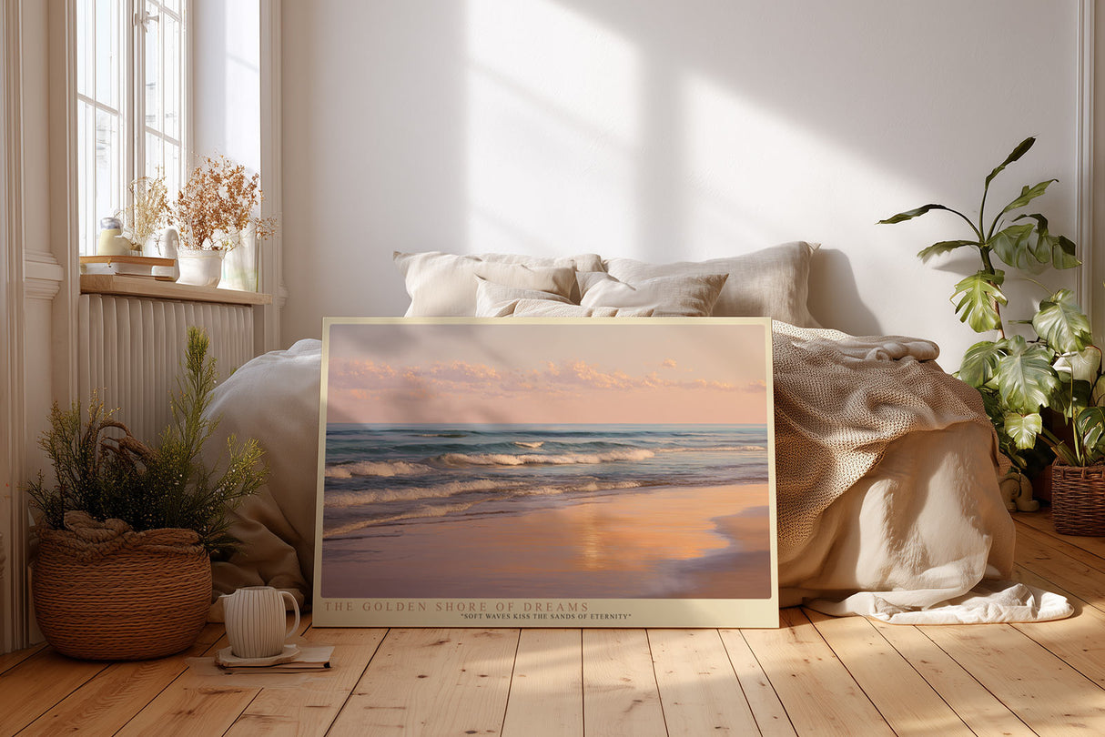 Paul Sinus Wandbild The Golden Shore of Dreams stimmungsvolles Küstenmotiv im goldenen Abendlicht mit ruhiger Wellenbewegung