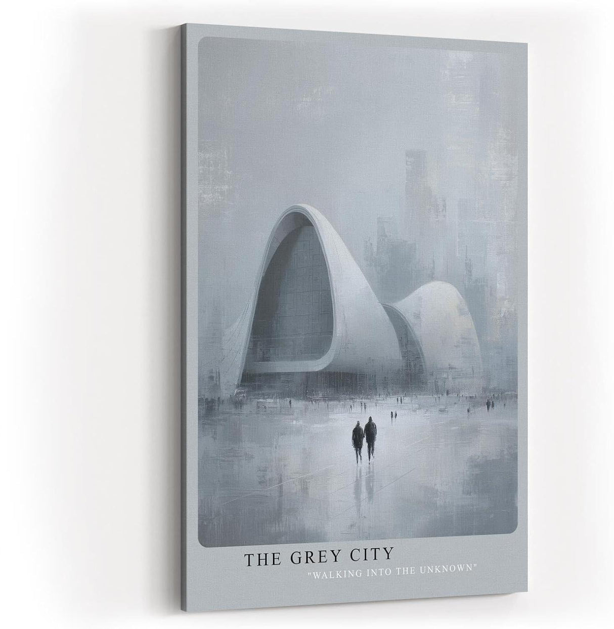 Paul Sinus Wandbild in 40x60cm The Grey City Futuristische Architektur in grauer, nebliger Stadtlandschaft mit zwei Figuren im Vordergrund