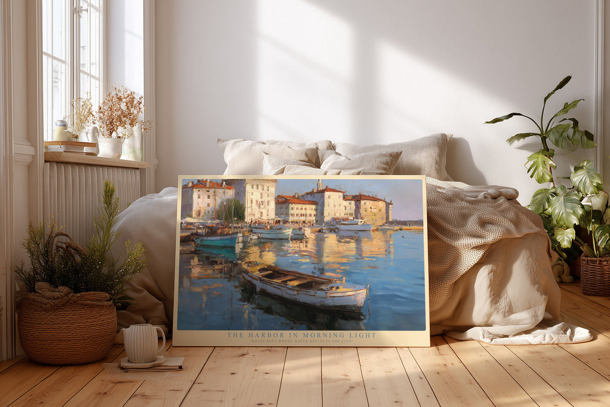 Paul Sinus Wandbild The Harbor in Morning Light – Mediterranes Hafenmotiv im goldenen Morgenlicht, Boote und Reflexionen in malerischer Harmonie
