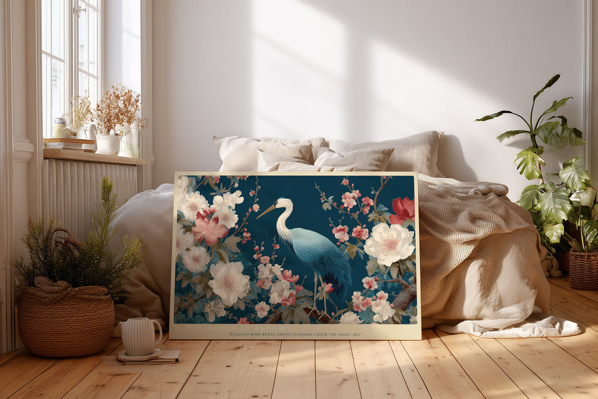 Paul Sinus Wandbild The Heron in Bloom Eleganter Reiher inmitten blühender Kirschzweige vor tiefblauem Hintergrund – Symbol für Ruhe und Anmut.