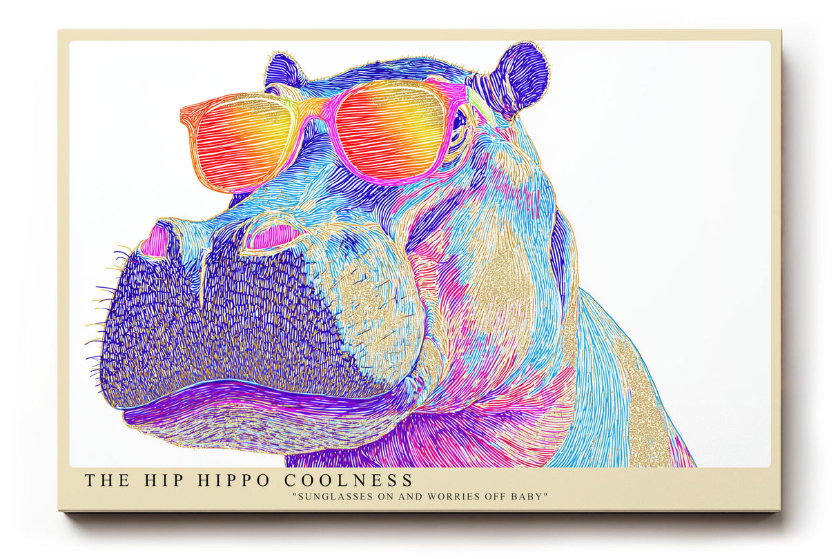 Paul Sinus Wandbild The Hip Hippo Coolness Pop-Art Motiv eines bunten Nilpferds mit Sonnenbrille – witzig, modern und einzigartig im Stil.
