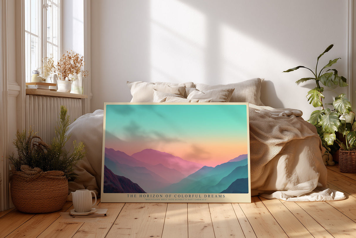 Paul Sinus Wandbild The Horizon of Colorful Dreams sanftes Landschaftsmotiv mit farbigen Bergschichten in Pastell und Abendlicht