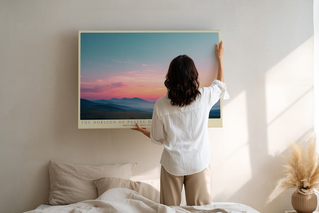 Paul Sinus Wandbild The Horizon of Pastel Dreams – Sanfte Landschaft in Pastelltönen mit weiten Hügeln und rosa Abendhimmel, Symbol für Ruhe und Leichtigkeit