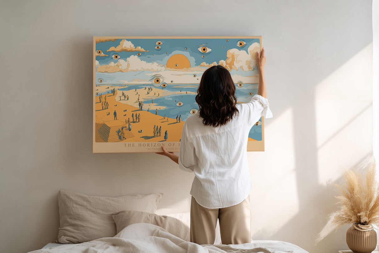 Paul Sinus Wandbild The Horizon of Unseen Whispers – Surrealistische Strandlandschaft mit Augen über dem Meer, inspiriert von Traum und Wahrnehmung