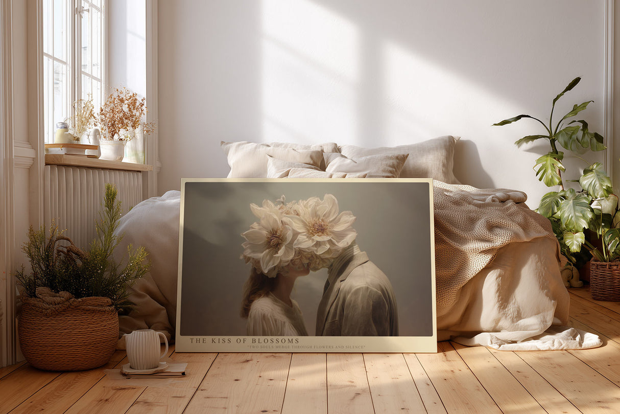 Paul Sinus Wandbild The Kiss of Blossoms – poetisches Motiv eines Kusses mit Blütenköpfen symbolisiert Liebe, Einheit und stille Emotion