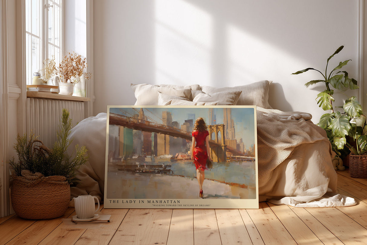 Paul Sinus Wandbild The Lady in Manhattan Stilvolle Darstellung einer Frau in rotem Kleid, die entlang der Skyline von Manhattan spaziert.