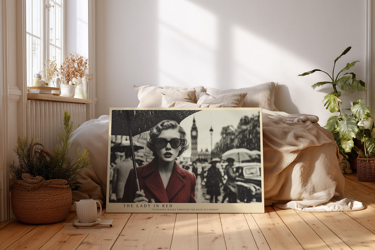 Paul Sinus Wandbild The Lady in Red – Stilvolles Retro-Motiv einer eleganten Frau im Regen von London, inspiriert von Filmklassikern und Modekunst