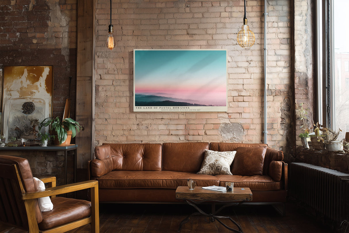Paul Sinus Wandbild The Land of Pastel Horizons – Traumhafte Hügellandschaft im Morgennebel mit Pastellhimmel, Symbol für Ruhe, Hoffnung und Weite