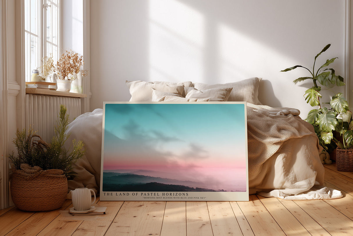 Paul Sinus Wandbild The Land of Pastel Horizons – Traumhafte Hügellandschaft im Morgennebel mit Pastellhimmel, Symbol für Ruhe, Hoffnung und Weite