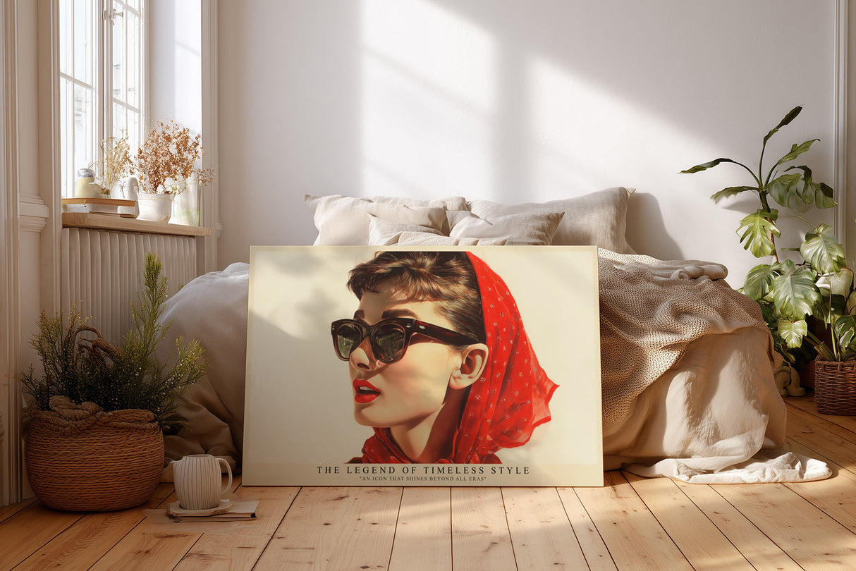 Paul Sinus Wandbild The Legend of Timeless Style Elegantes Retro-Porträt einer Frau mit rotem Tuch und Sonnenbrille – Symbol für klassischen Stil und ewige Schönheit.