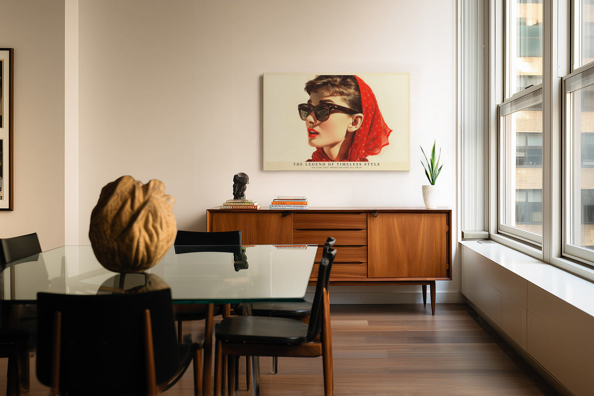 Paul Sinus Wandbild The Legend of Timeless Style Elegantes Retro-Porträt einer Frau mit rotem Tuch und Sonnenbrille – Symbol für klassischen Stil und ewige Schönheit.