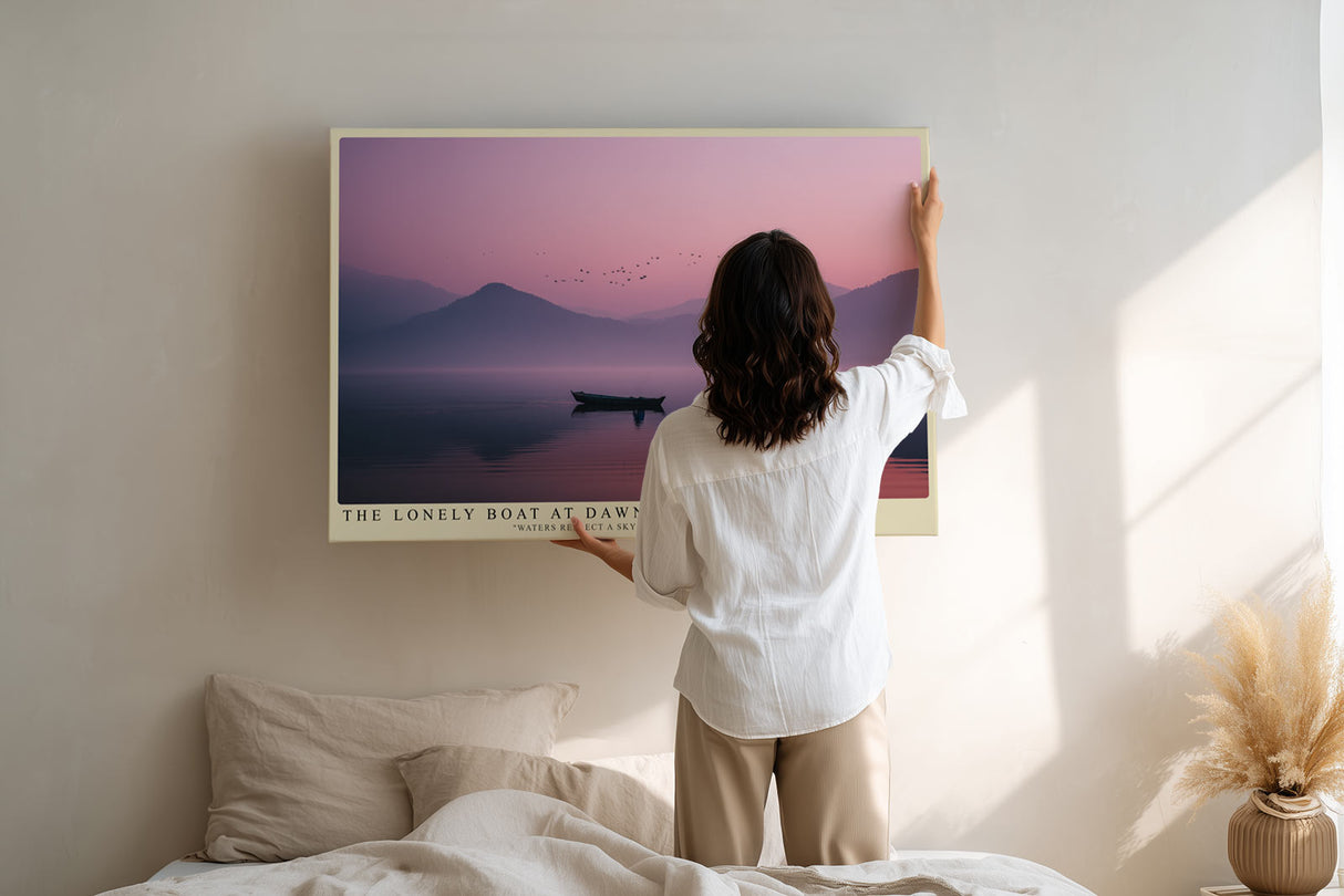 Paul Sinus Wandbild The Lonely Boat at Dawn Poetische Szenerie eines einsamen Bootes in rosa-blauem Morgenlicht – Symbol für Stille und Neuanfang.