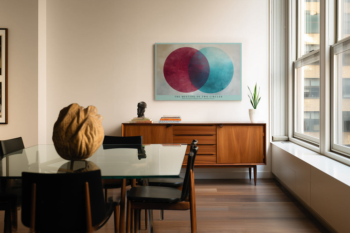 Paul Sinus Wandbild The Meeting of Two Circles minimalistisches Farbmotiv mit sich überschneidenden roten und blauen Kreisen