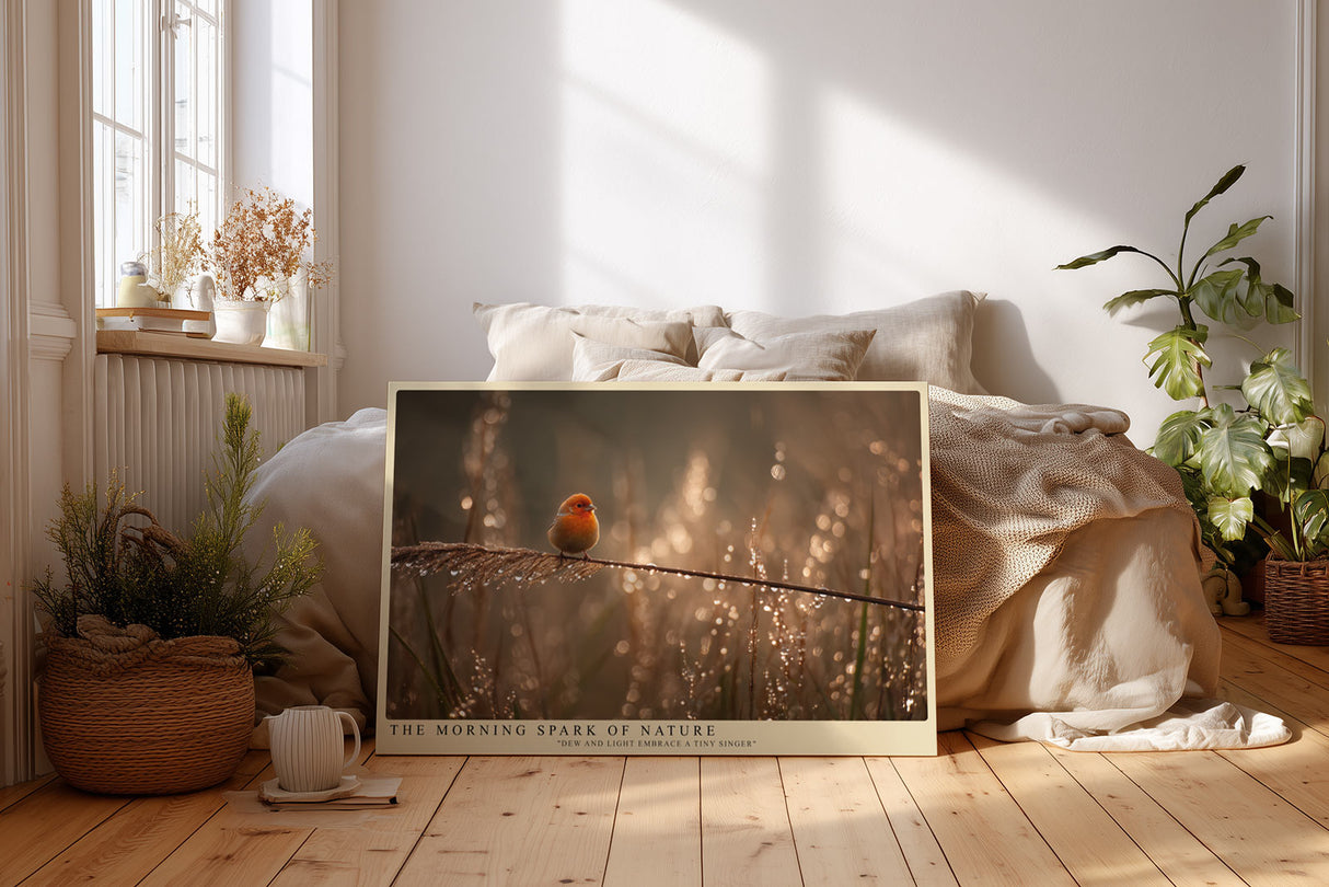 Paul Sinus Wandbild The Morning Spark of Nature – kleiner Vogel auf Grashalm im goldenen Morgenlicht symbolisiert Leichtigkeit und Natürlichkeit