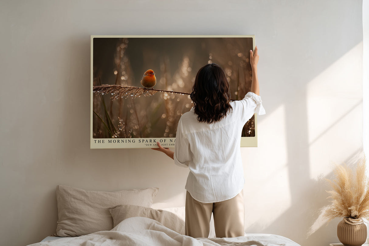 Paul Sinus Wandbild The Morning Spark of Nature – kleiner Vogel auf Grashalm im goldenen Morgenlicht symbolisiert Leichtigkeit und Natürlichkeit