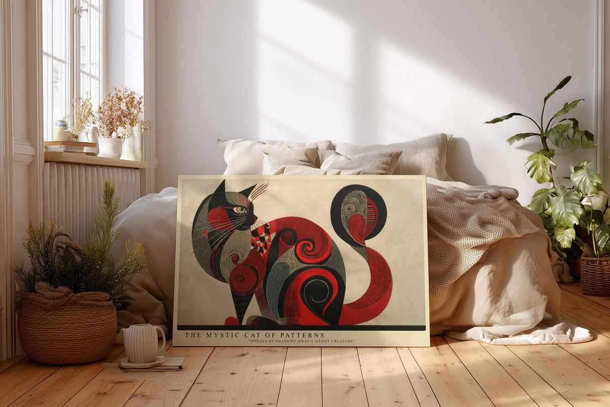 Paul Sinus Wandbild The Mystic Cat of Patterns – kunstvolle Darstellung einer Katze in Rot- und Schwarztönen mit geometrischen Mustern