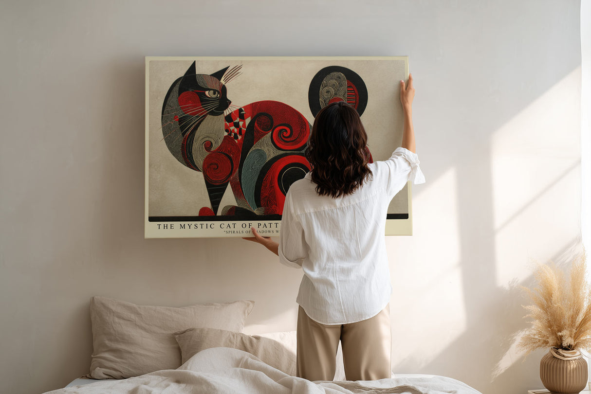 Paul Sinus Wandbild The Mystic Cat of Patterns – kunstvolle Darstellung einer Katze in Rot- und Schwarztönen mit geometrischen Mustern