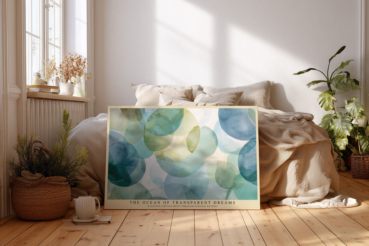 Paul Sinus Wandbild The Ocean of Transparent Dreams – schwebende Kreise in Grün- und Blautönen symbolisieren Ruhe, Weite und träumerische Leichtigkeit