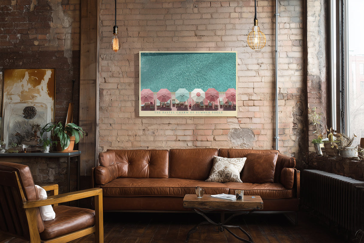 Paul Sinus Wandbild The Pastel Charm of Summer Pools – Luftaufnahme eines Pools mit pastellfarbenen Sonnenschirmen, modernes Retro-Sommermotiv