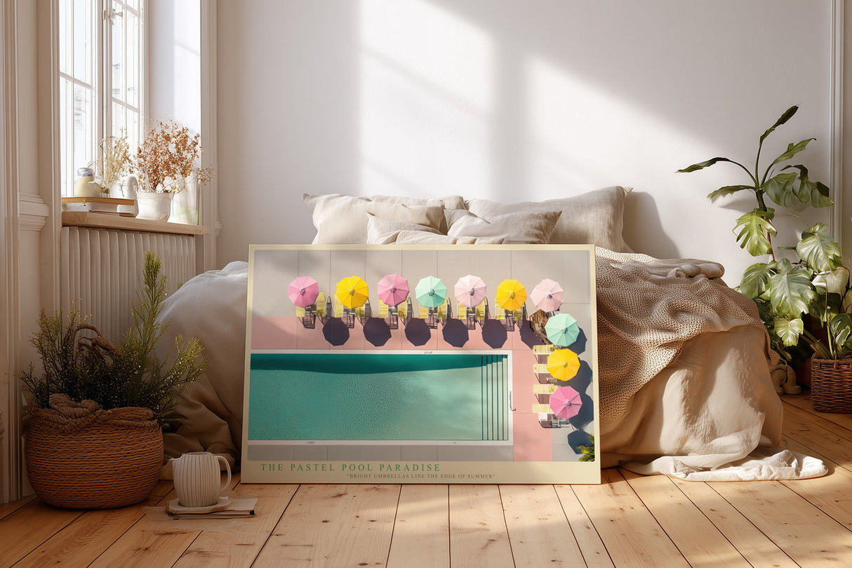 Paul Sinus Wandbild The Pastel Pool Paradise modernes Sommermotiv mit pastellfarbenen Sonnenschirmen am Pool