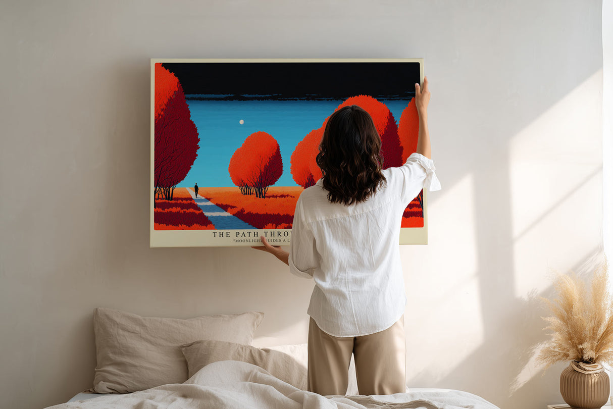 Paul Sinus Wandbild The Path Through Red Trees – stimmungsvolle Landschaft mit rotem Laub und einsamem Wanderer unter klarem Himmel