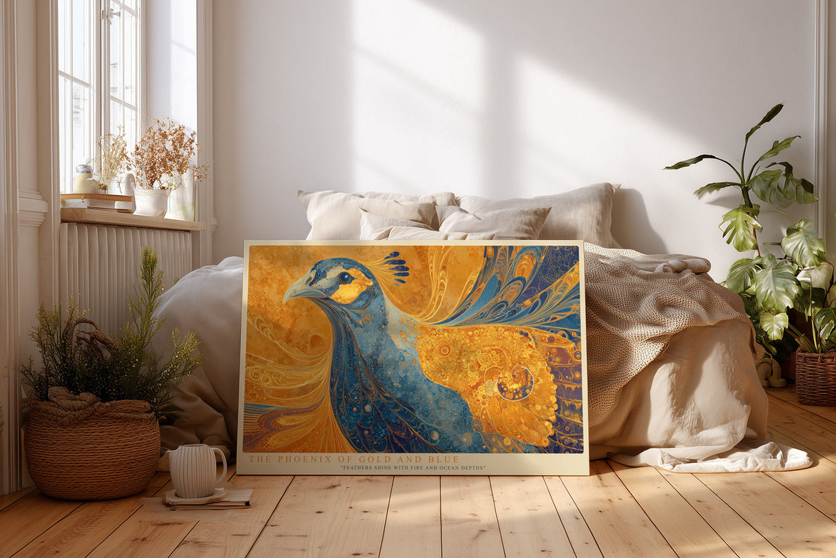Paul Sinus Wandbild The Phoenix of Gold and Blue symbolisches Tiermotiv mit goldenen und blauen Ornamentfedern