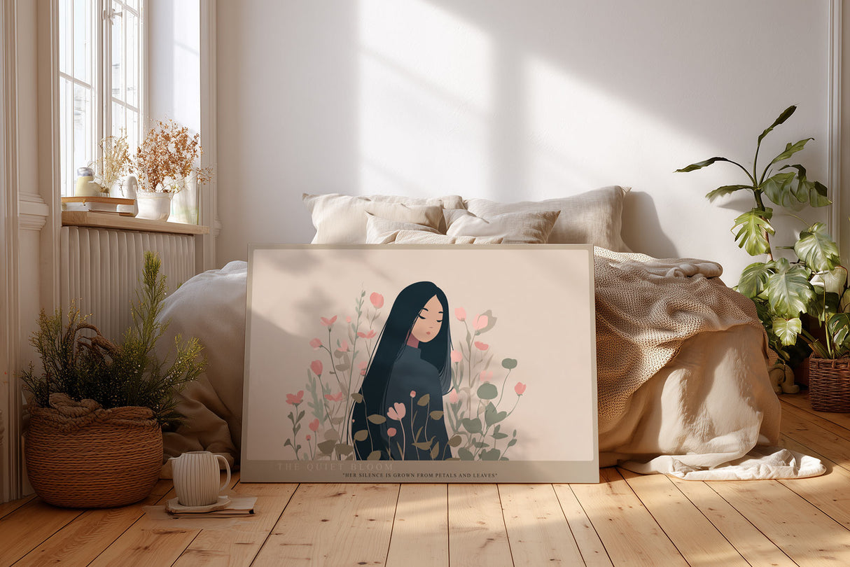 Paul Sinus Wandbild The Quiet Bloom poetisches Porträt einer Frau mit floraler Umgebung in sanften Farben für moderne Räume voller Ruhe und Harmonie