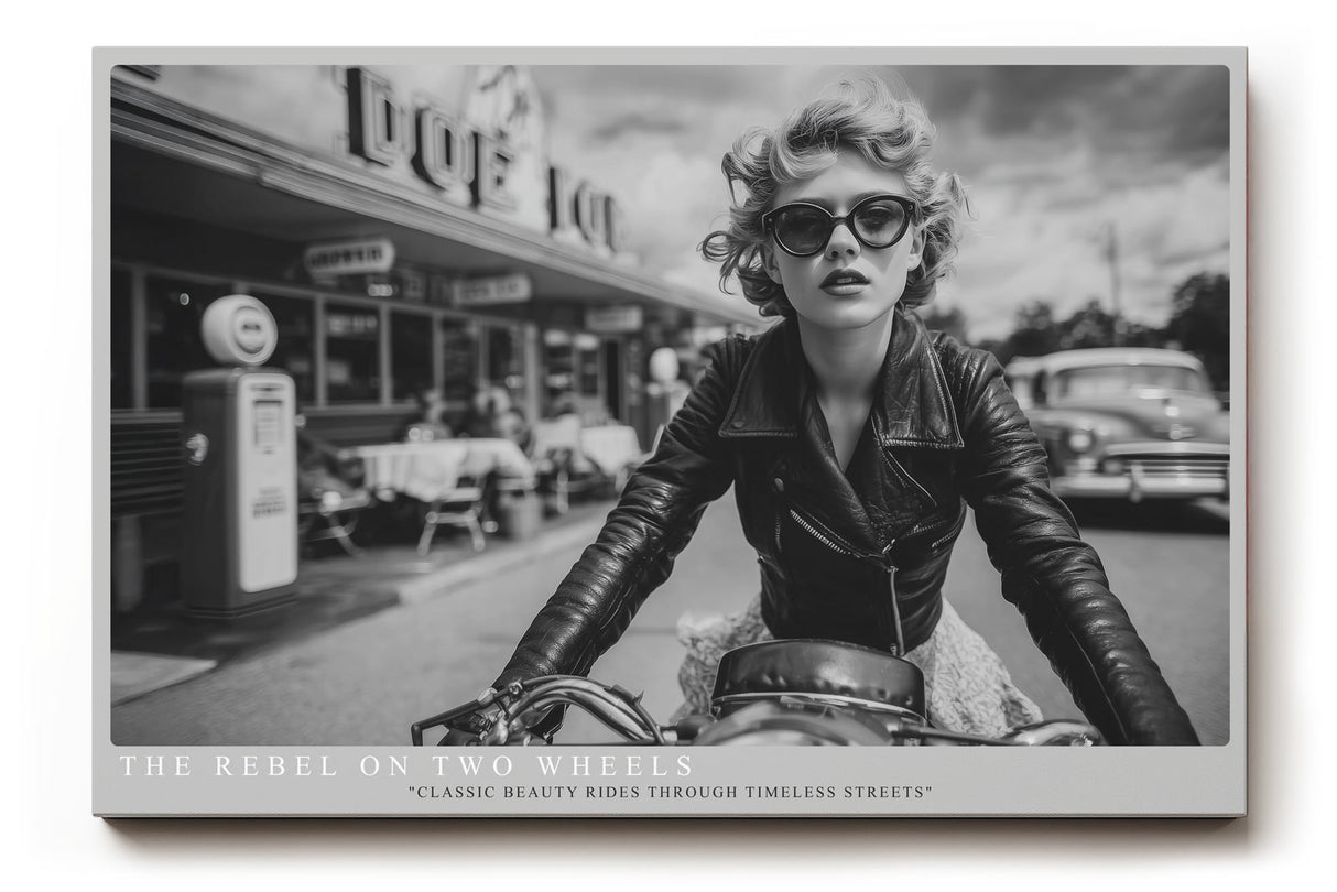 Paul Sinus Wandbild The Rebel on Two Wheels stilvolles Retro-Motorradmotiv mit ikonischer Frau im Lederlook für Liebhaber klassischer Eleganz und Freiheit