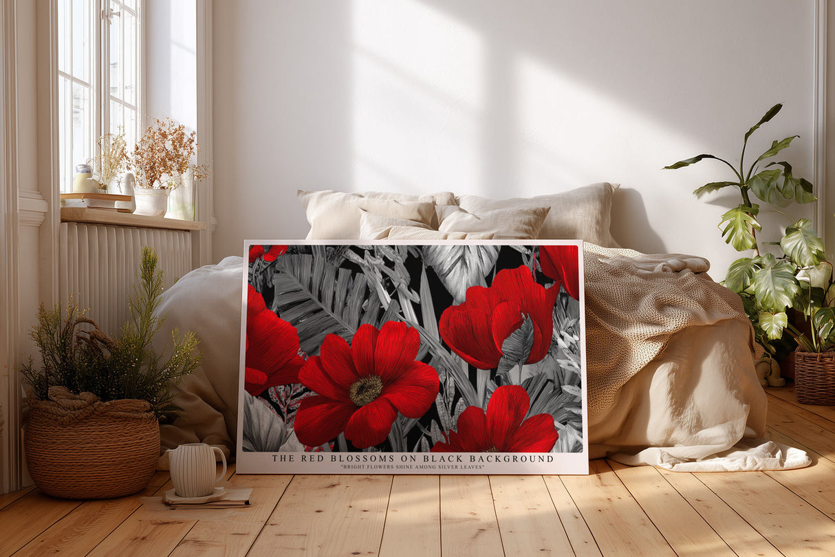 Paul Sinus Wandbild The Red Blossoms on Black Background Bright Flowers Shine Among Silver Leaves