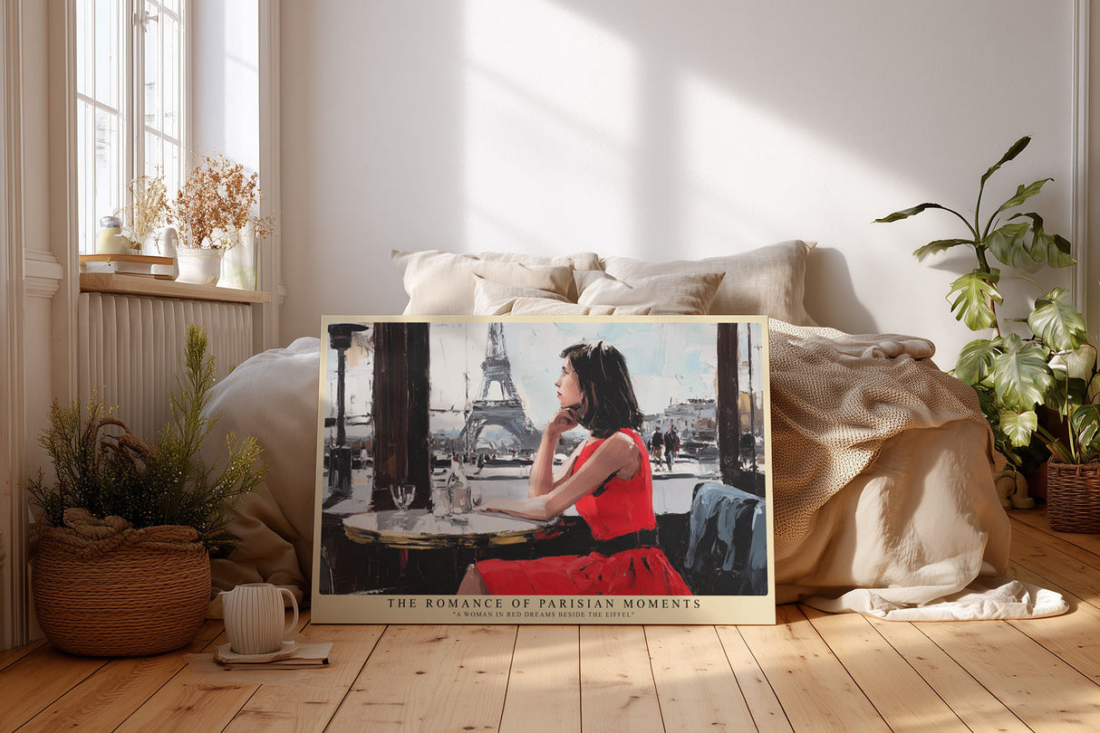 Paul Sinus Wandbild The Romance of Parisian Moments – Impressionistische Szene einer Frau im roten Kleid mit Blick auf den Eiffelturm, romantische Stadtkunst