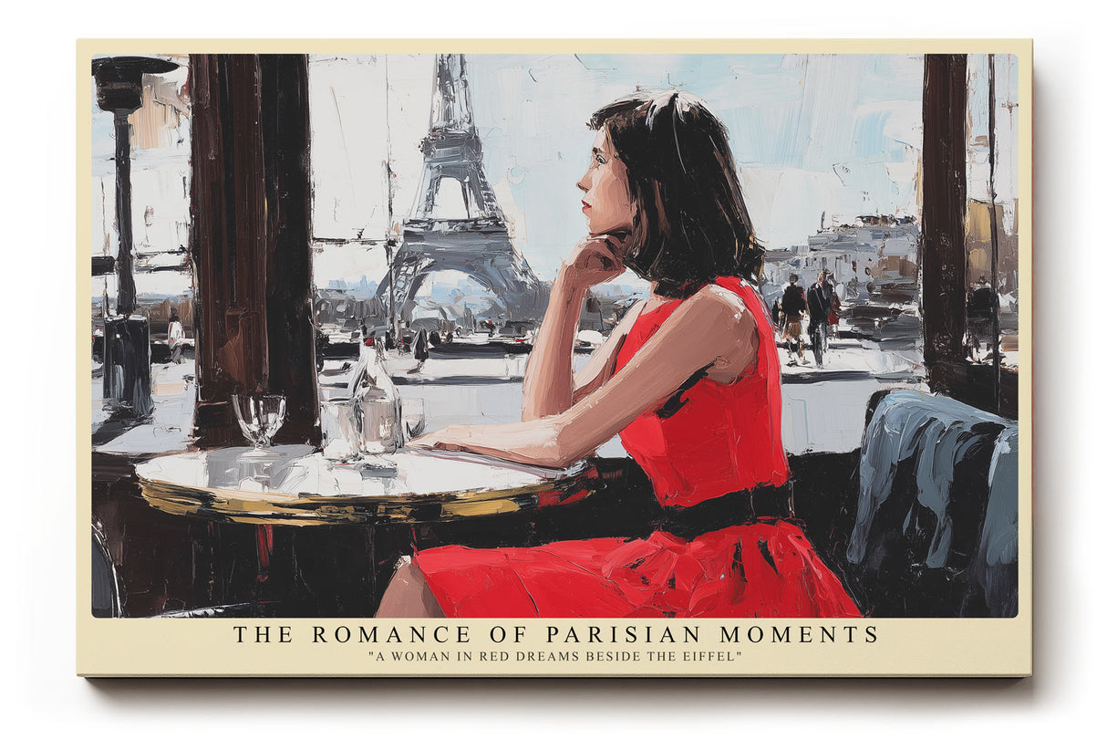 Paul Sinus Wandbild The Romance of Parisian Moments – Impressionistische Szene einer Frau im roten Kleid mit Blick auf den Eiffelturm, romantische Stadtkunst